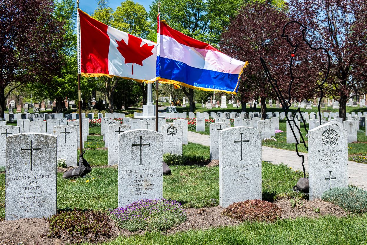Canadian and Dutch flags at General Foulkes Grave