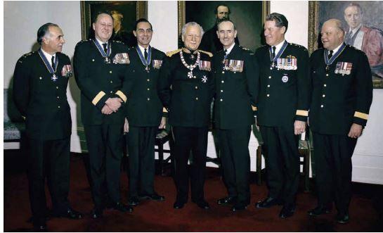 The Governor General and Chief of the Defence Staff with the first five Commanders of the Order of Military