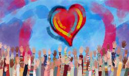 Many raised hands Diverse people. Charitable donation and volunteer work. Support and assistance. People diversity. Multicultural community. 